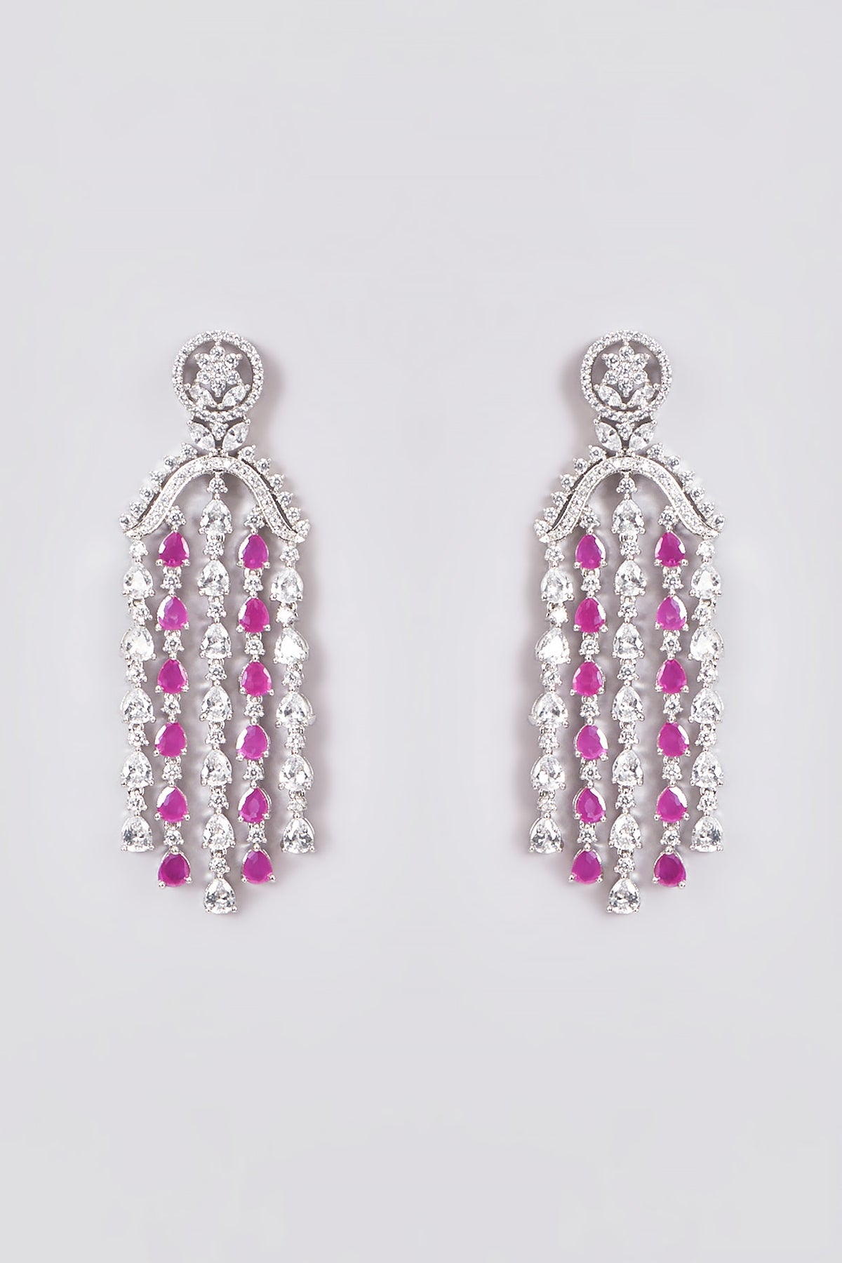 White Finish Zircon & Synethtic Ruby Stone Dangler Earrings