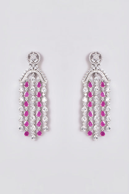 White Finish Zircon & Synethtic Ruby Stone Dangler Earrings