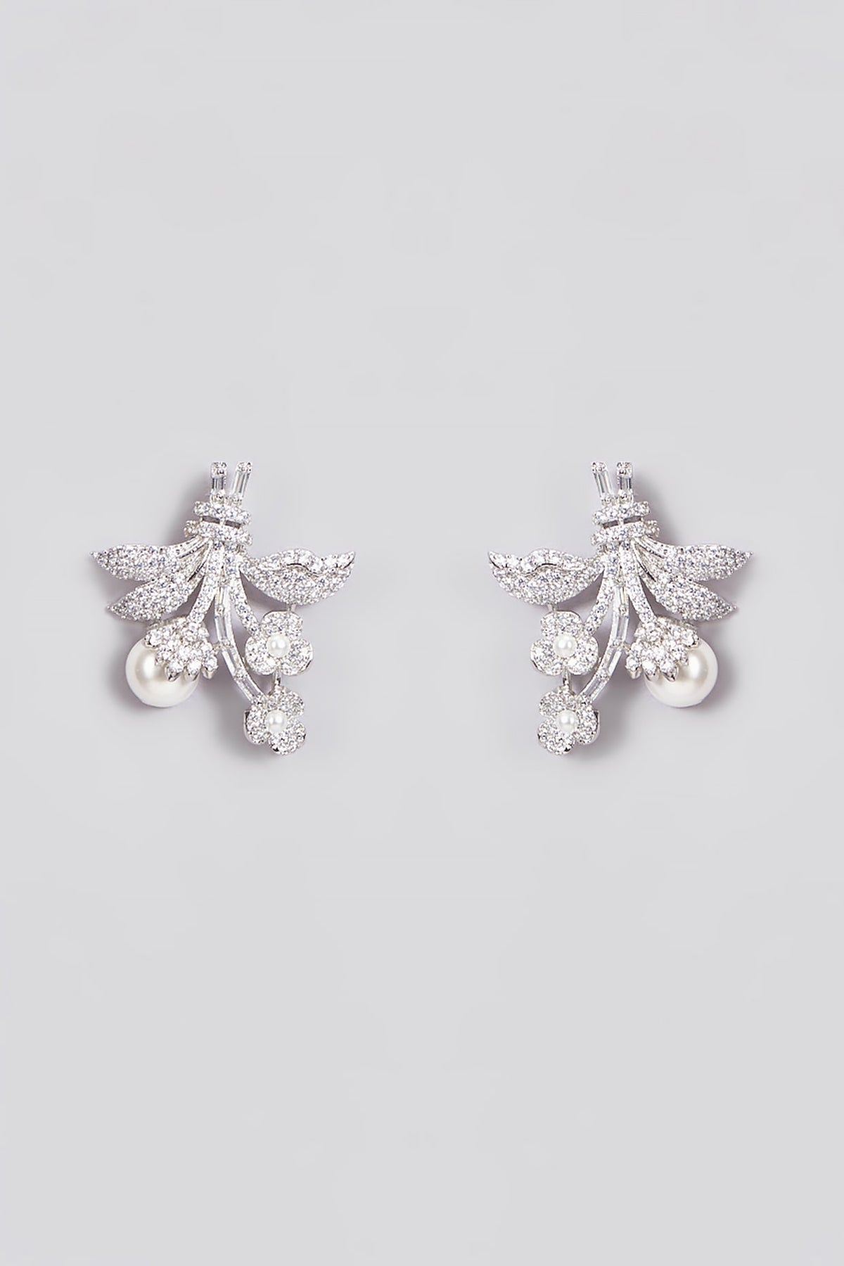 White Finish Zircon & Pearl Stud Earrings