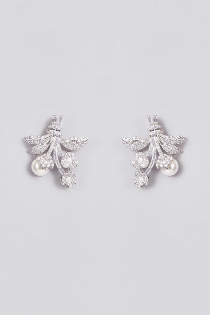 White Finish Zircon & Pearl Stud Earrings
