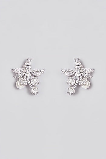 White Finish Zircon & Pearl Stud Earrings