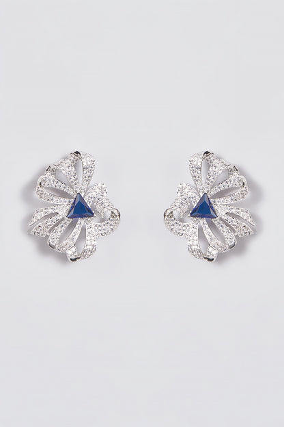 White Finish Zircon & Synthetic Sapphire Stone Stud Earrings