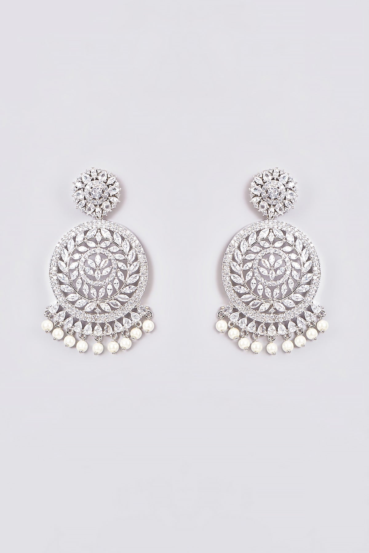 White Finish Zircon Chandbali Earrings