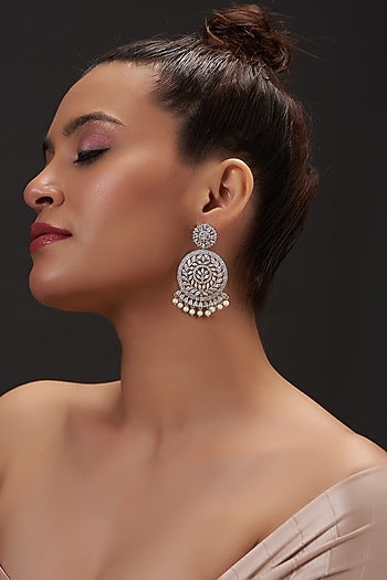 White Finish Zircon Chandbali Earrings