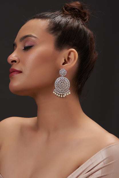 White Finish Zircon Chandbali Earrings