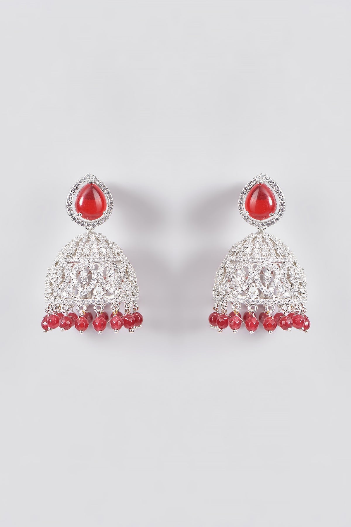 White Finish Zircon & Ruby Synthetic Stone Jhumka Earrings