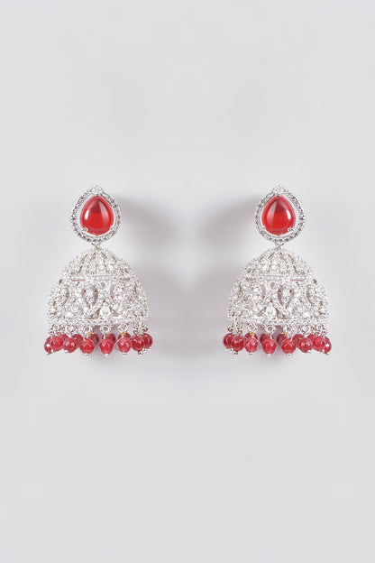 White Finish Zircon & Ruby Synthetic Stone Jhumka Earrings