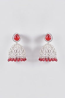 White Finish Zircon & Ruby Synthetic Stone Jhumka Earrings