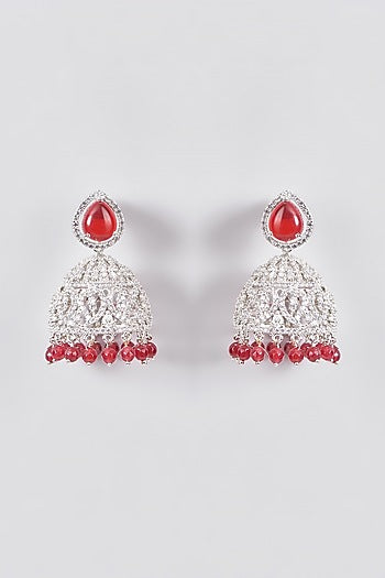 White Finish Zircon & Ruby Synthetic Stone Jhumka Earrings