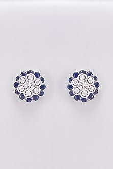 White Finish Zircon & Blue Stone Stud Earrings