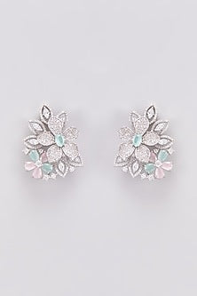 White Finish Zircon & Multi-Colored Stone Stud Earrings