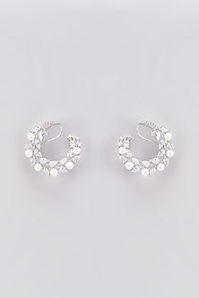 White Finish Zircon & Pearl Stud Earrings