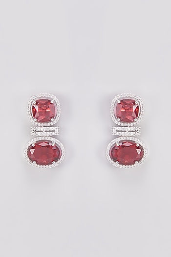White Finish Zircon & Red Stone Dangler Earrings