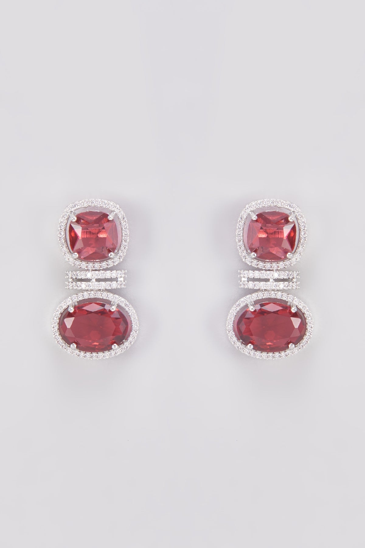 White Finish Zircon & Red Stone Dangler Earrings