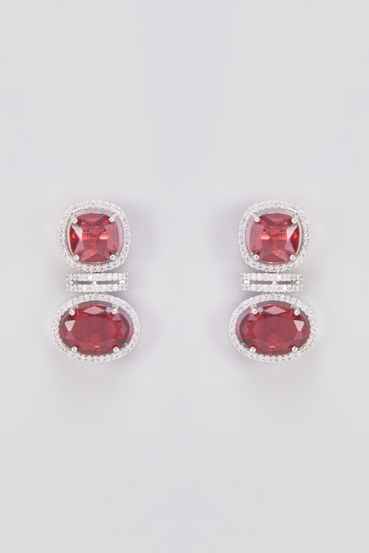 White Finish Zircon & Red Stone Dangler Earrings