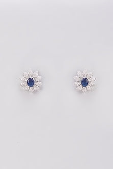 White Finish Zircon & Blue Stone Stud Earrings