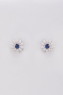 White Finish Zircon & Blue Stone Stud Earrings