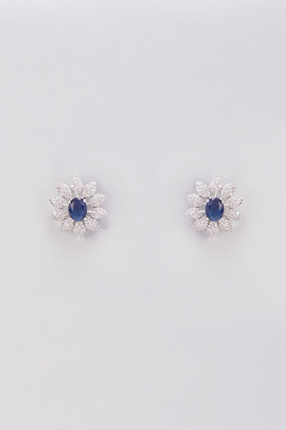 White Finish Zircon & Blue Stone Stud Earrings