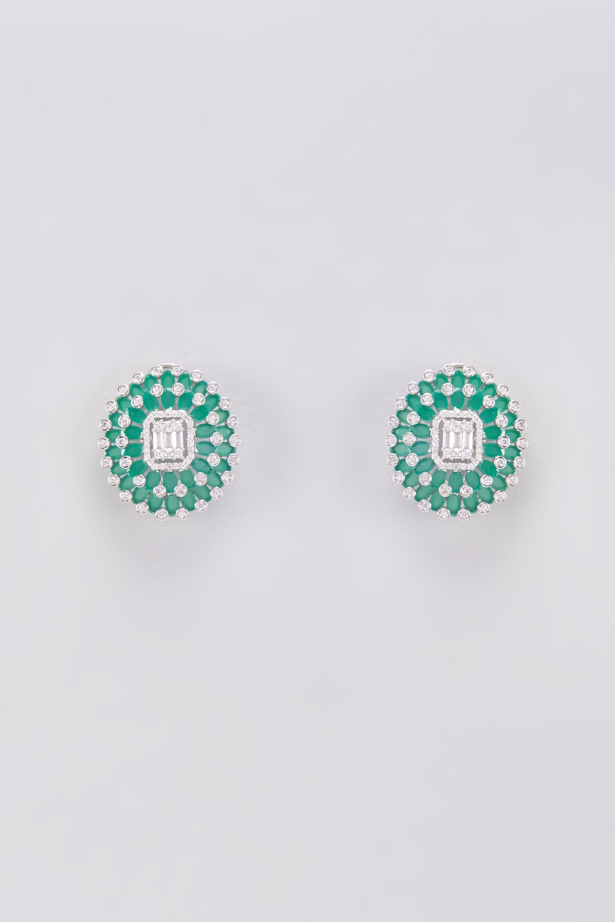 White Finish Zircon & Green Stone Stud Earrings