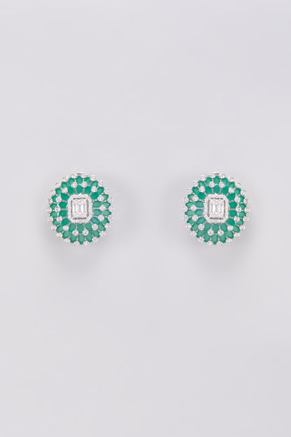 White Finish Zircon & Green Stone Stud Earrings