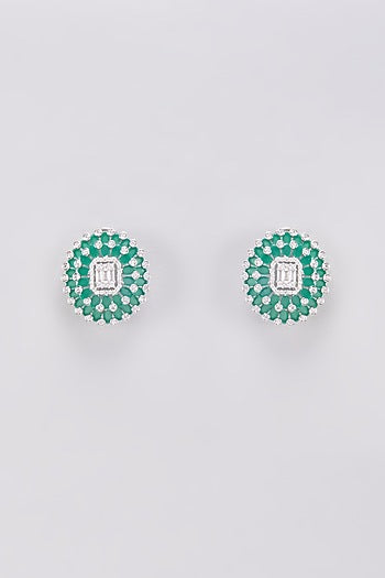 White Finish Zircon & Green Stone Stud Earrings