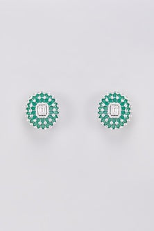 White Finish Zircon & Green Stone Stud Earrings
