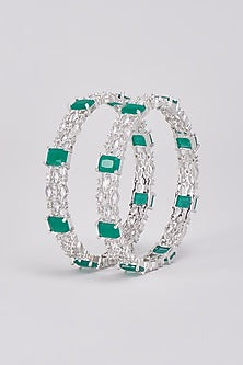 White Finish Zircons & Green Stone Bangles (Set Of 2)