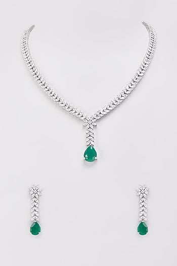 Silver Finish Green Stone & Zircon Necklace Set