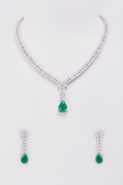 Silver Finish Green Stone & Zircon Necklace Set