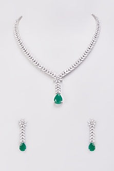 Silver Finish Green Stone & Zircon Necklace Set