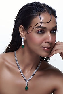 Silver Finish Green Stone & Zircon Necklace Set
