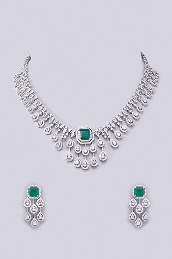 White Finish Zircon & Emerald Stone Necklace Set