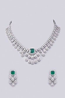 White Finish Zircon & Emerald Stone Necklace Set