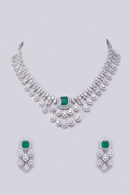 White Finish Zircon & Emerald Stone Necklace Set