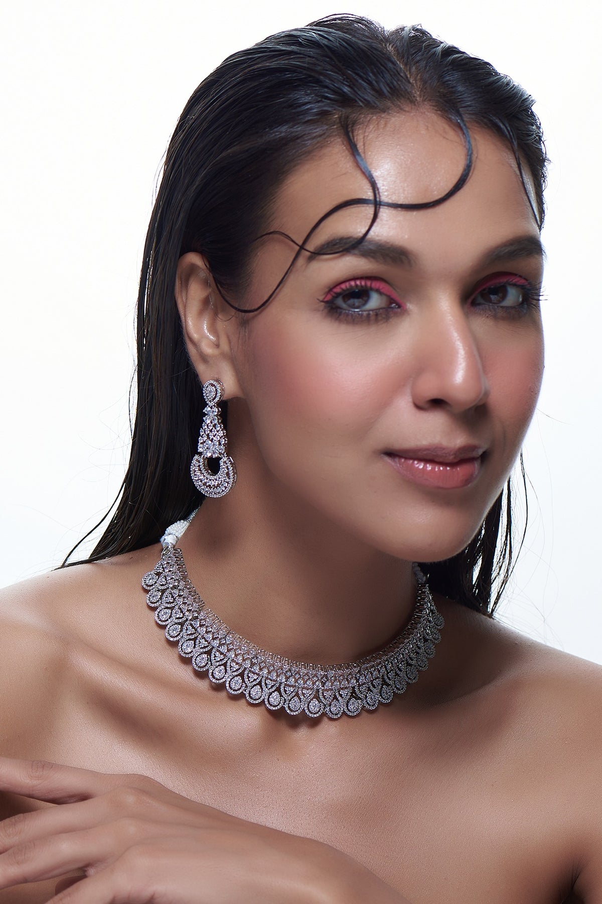 White Finish Zircon Choker Necklace Set