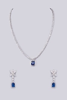 White Finish Zircon & Blue Stone Long Necklace Set