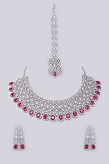 White Finish Zircon & Red Stone Necklace Set