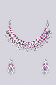 White Finish Zircon & Red Stone Necklace Set