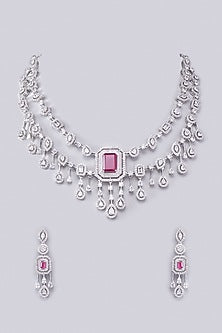 White Finish Zircon & Red Stone Necklace Set