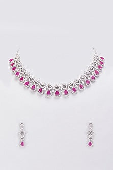 White Finish Synthetic Ruby Stone & Zircon Necklace Set