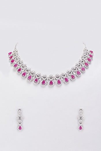White Finish Synthetic Ruby Stone & Zircon Necklace Set