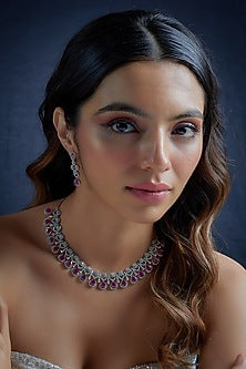White Finish Synthetic Ruby Stone & Zircon Necklace Set
