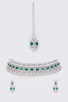 White Finish Synthetic Emerald Stone & Zircon Choker Necklace Set