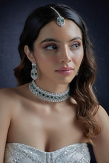 White Finish Synthetic Emerald Stone & Zircon Choker Necklace Set