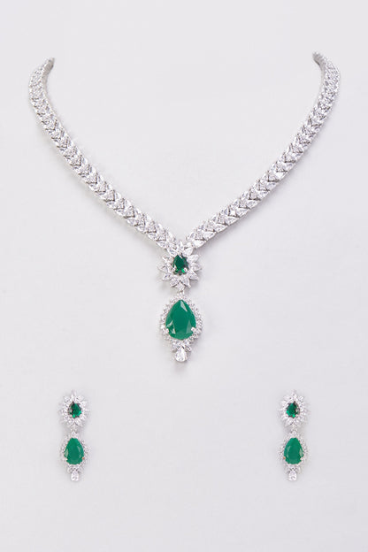 White Finish Synthetic Emerald Stone & Zircon Necklace Set