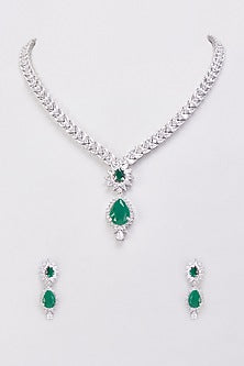 White Finish Synthetic Emerald Stone & Zircon Necklace Set