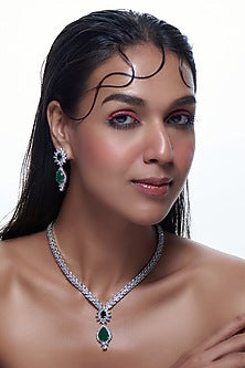 White Finish Synthetic Emerald Stone & Zircon Necklace Set