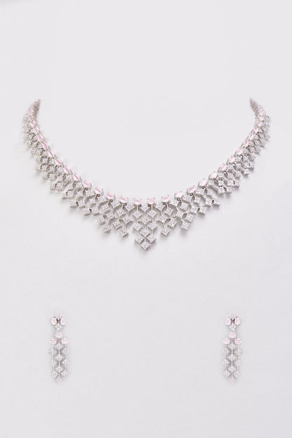 White Finish Zircon & Pink Stone Necklace Set