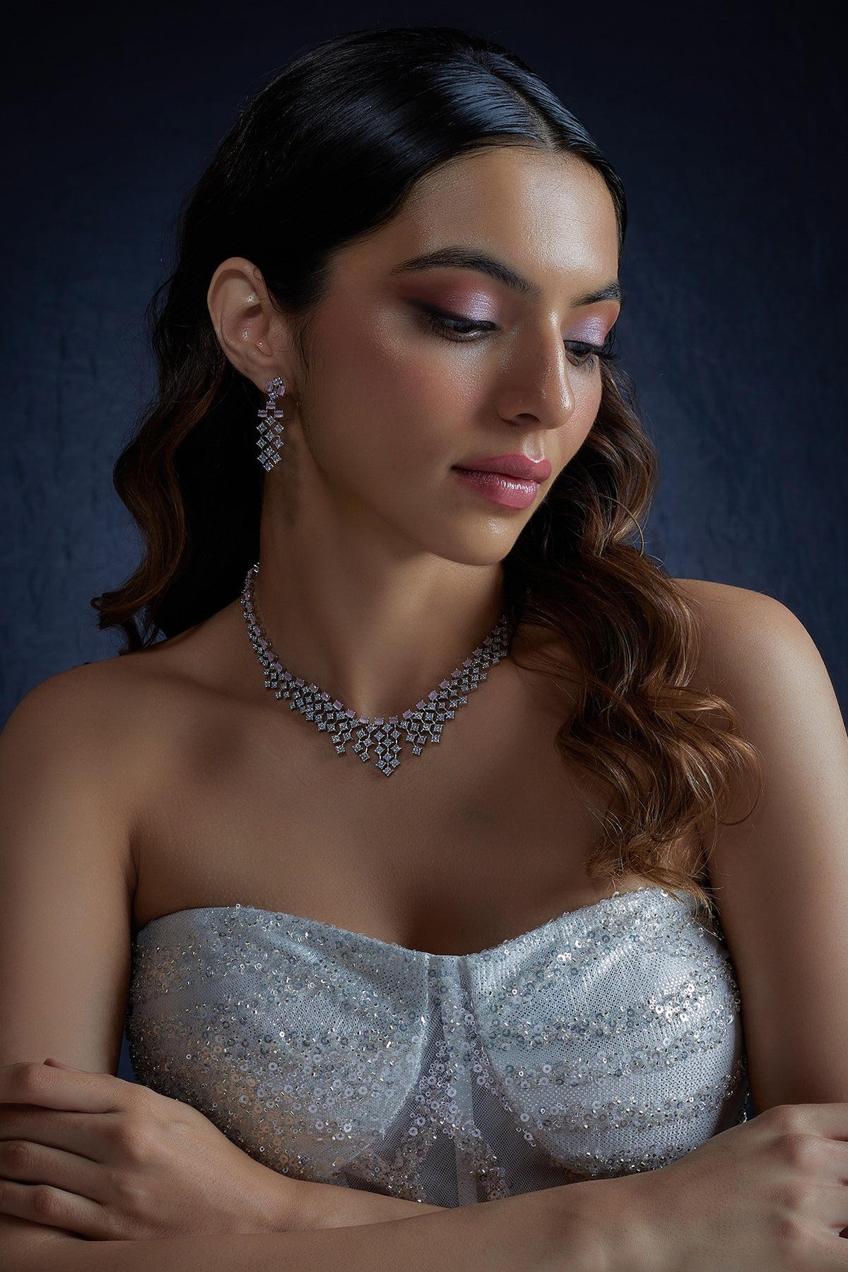 White Finish Zircon & Pink Stone Necklace Set