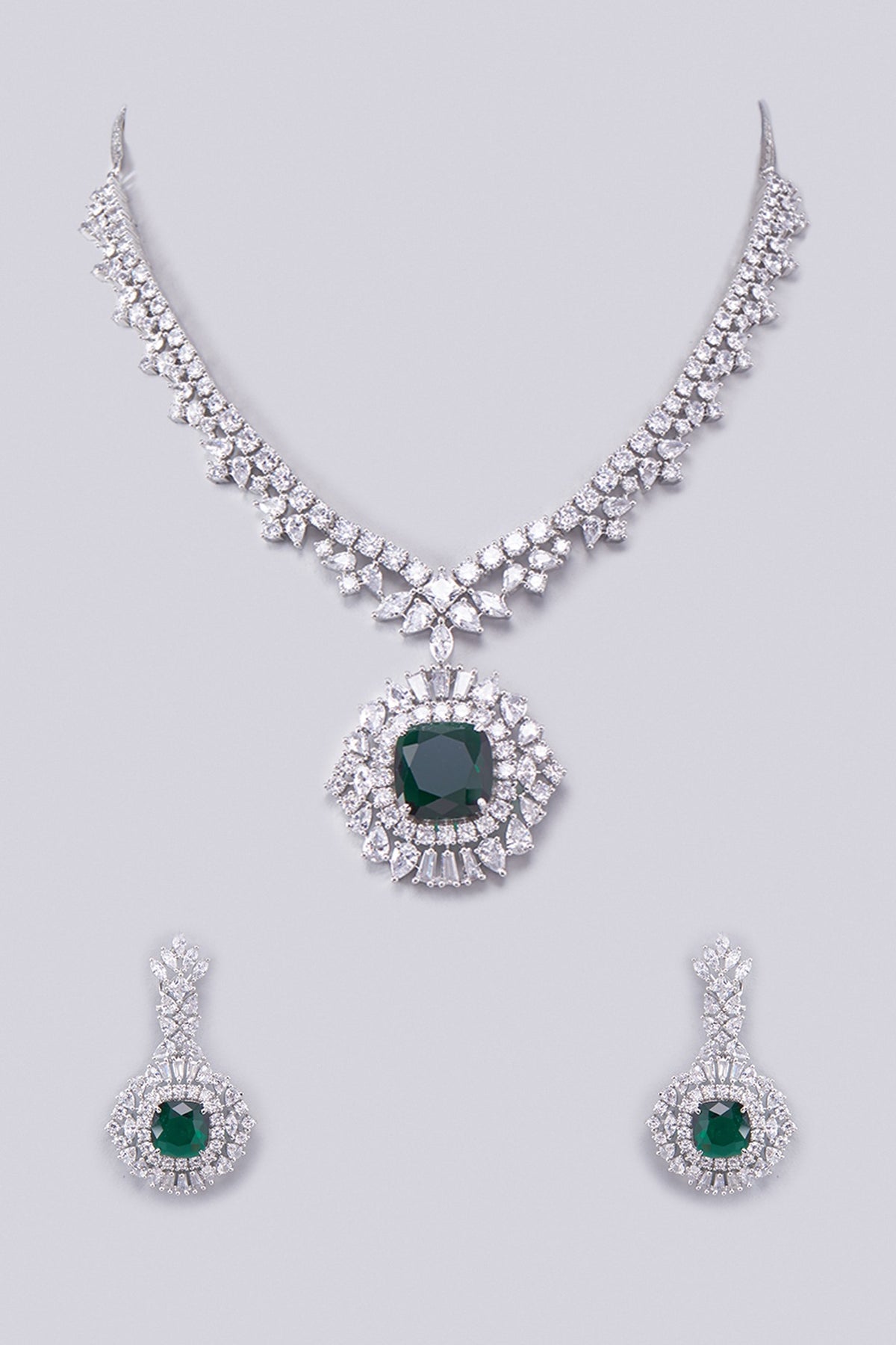 White Finish Zircon & Green Stone Necklace Set